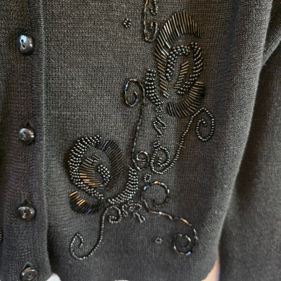 CAROLE LITTLE SPORT CARDIGAN BLACK FLORAL BEADED EMBELLISHMENTS SIZE MEDIUM - Picture 4 of 7
